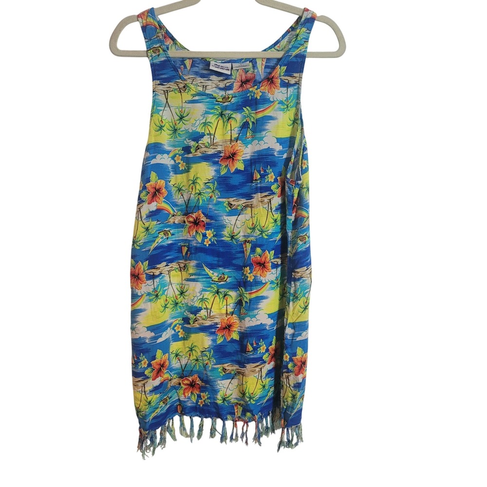Beach Cabana‎ Womens Tropical Fringed Tunic Top Blue Hibiscus Palm Tree Large